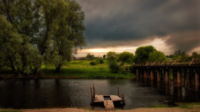 Boat river bridge ducks cloudy free wallpaper - medium preview image