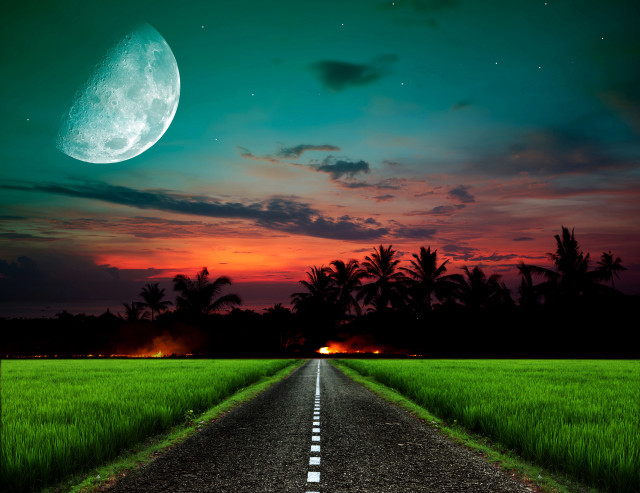 Full moon road mountains grass free wallpaper - medium preview image
