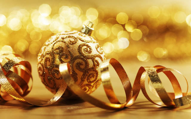 Golden ornament ribbon bokeh lights free wallpaper - medium preview image