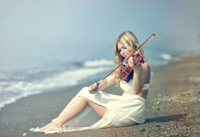 Woman beach violin blonde sand free wallpaper - medium preview image