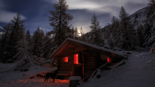 Cabin woods fullmoon snowy night free wallpaper - medium preview image