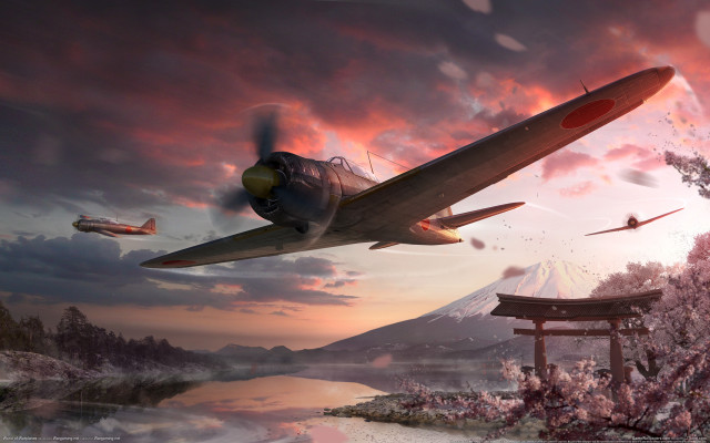 Plane lake pagoda mountain dusk free wallpaper - medium preview image
