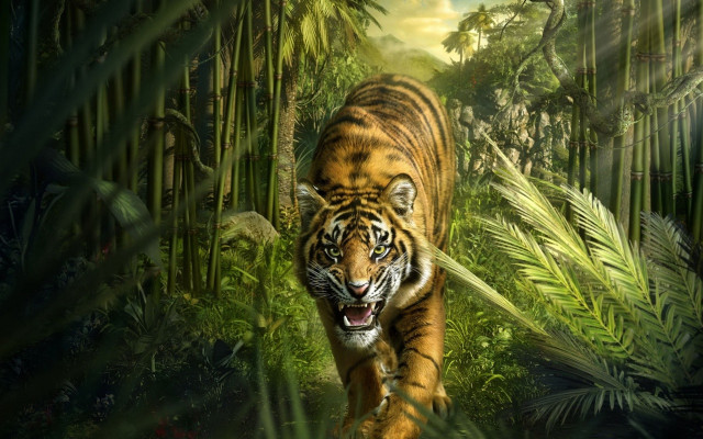 Tiger jungle palm trees detailed free wallpaper - medium preview image