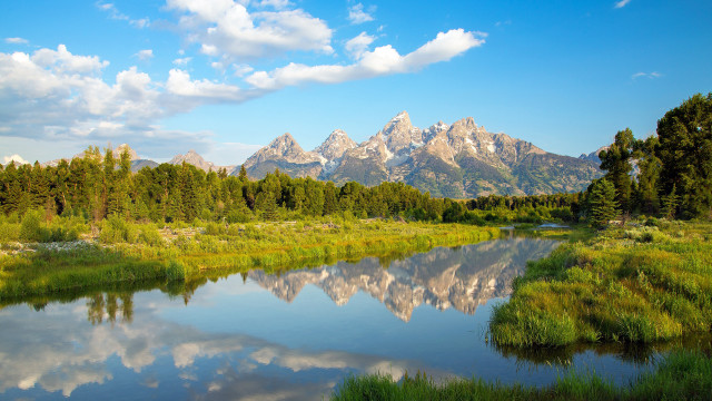 River mountain grass trees sky free wallpaper - medium preview image