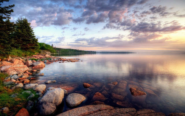 Rocky shore water trees sunset free wallpaper - medium preview image