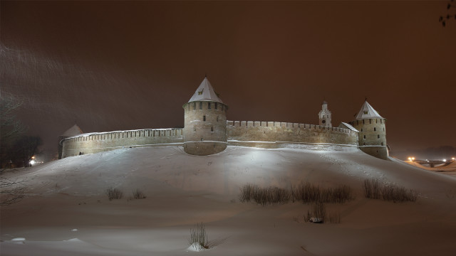 Castle snowy hill night lights free wallpaper - medium preview image