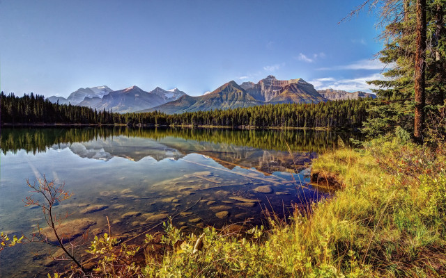 Lake mountains trees sky shore free wallpaper - medium preview image