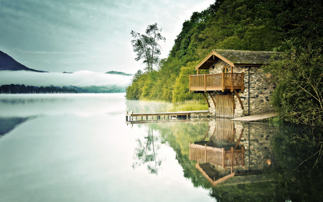 House lake mountain fog architecture free wallpaper - medium preview image