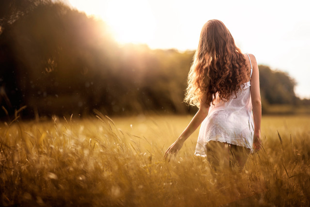 Woman field sunset blowinghair outdoor free wallpaper - medium preview image