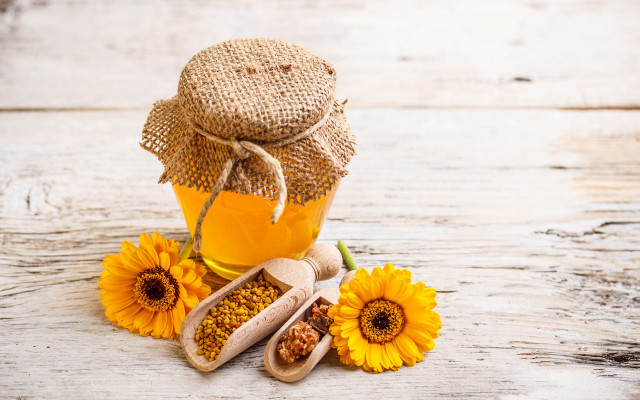 Honey sunflowers wooden table food free wallpaper - medium preview image