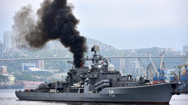Battleship smoke cityscape military ship free wallpaper - medium preview image