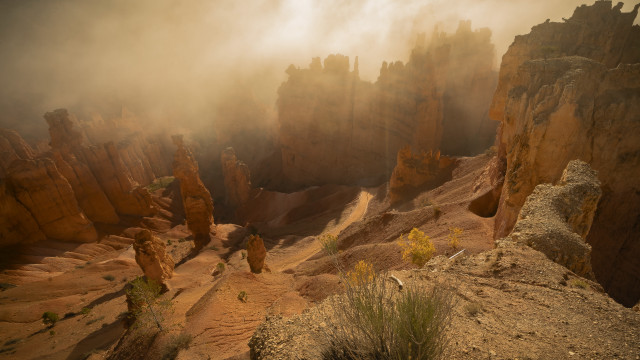 Rocky landscape foggy sky trees free wallpaper - medium preview image