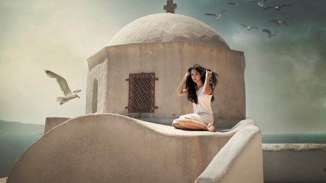 Woman ledge building bird cinematic free wallpaper - medium preview image