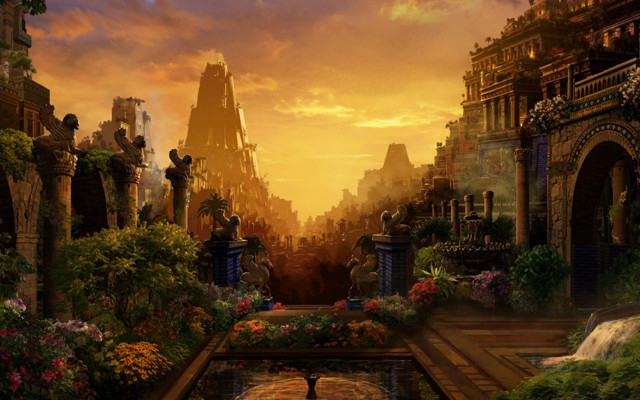 City fountain cat sunset painting free wallpaper - medium preview image