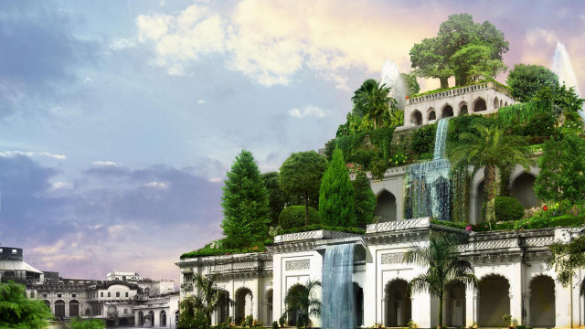 Large building fountain trees sky free wallpaper - medium preview image