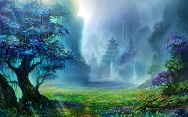 Fantasy forest waterfall mountains misty free wallpaper - medium preview image