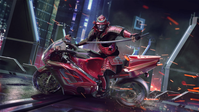 Man riding red motorcycle cyberpunk #2 free wallpaper - medium preview image