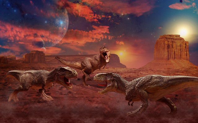 Dinosaurs desert mountain fullmoon night free wallpaper - medium preview image