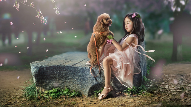 Girl dog park whimsical illustration free wallpaper - medium preview image