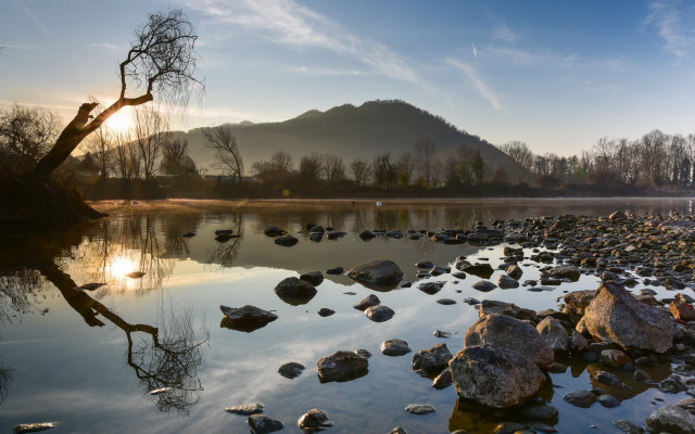 Lake rocks tree mountains sunset free wallpaper - medium preview image