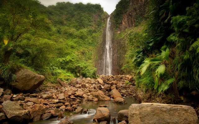 Waterfall jungle rocks trees people free wallpaper - medium preview image