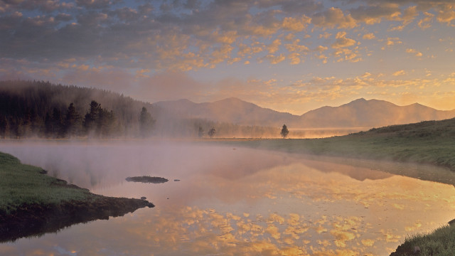 Lake foggy sky person hill free wallpaper - medium preview image