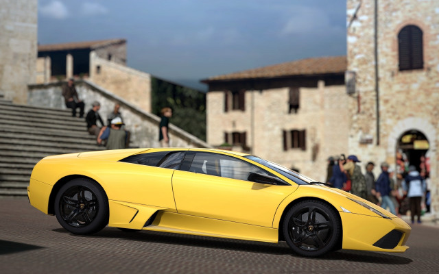 Yellow sports car building people free wallpaper - medium preview image
