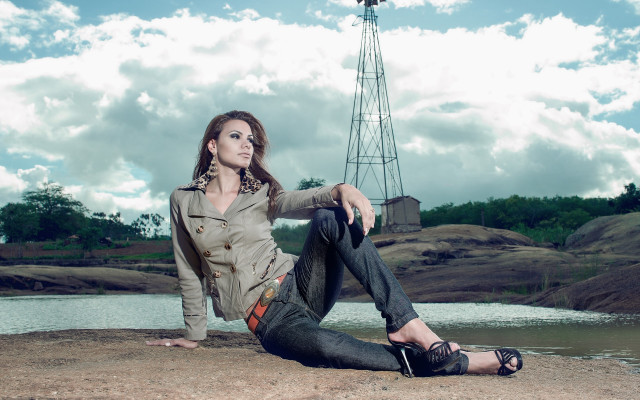 Woman lake windmill clouds fashion free wallpaper - medium preview image