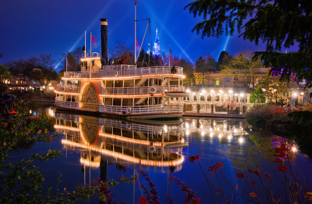 Large boat river forest night free wallpaper - medium preview image