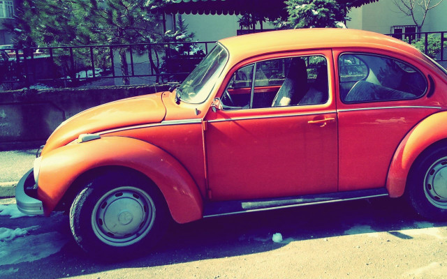 Red car vintage fence trees free wallpaper - medium preview image