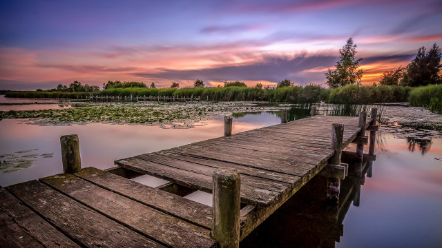 Wooden dock lake sunset cloudy free wallpaper - medium preview image