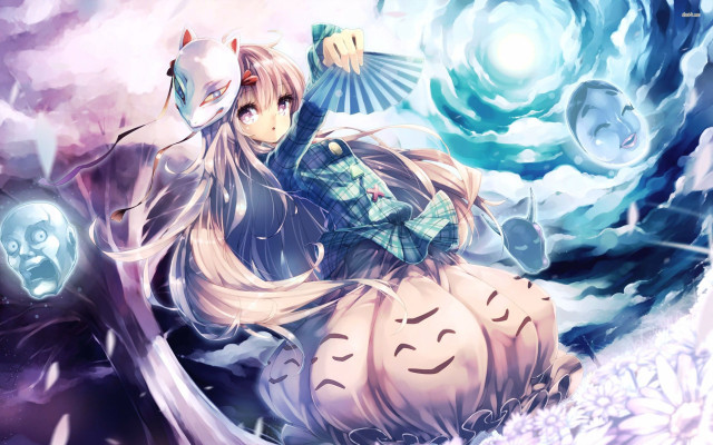 Girl sitting pumpkin bird flying free wallpaper - medium preview image