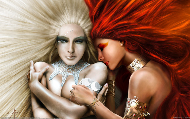 Red hair women hugging fantasy free wallpaper - medium preview image