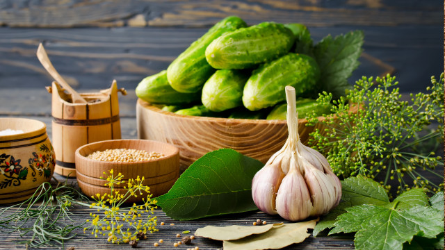 Bowl cucumbers garlic herbs wooden free wallpaper - medium preview image