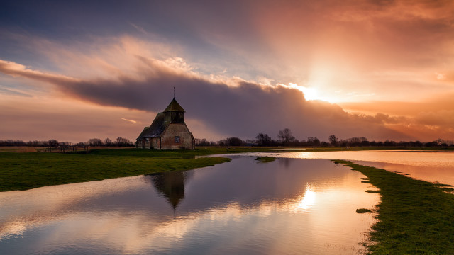 Church shore water sunset cityscape free wallpaper - medium preview image