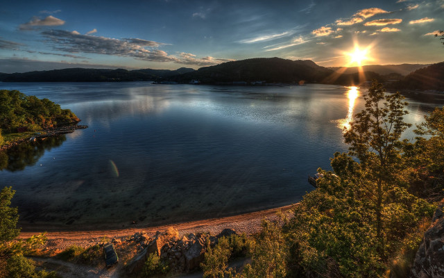 Lake sunset trees mountains bridge free wallpaper - medium preview image