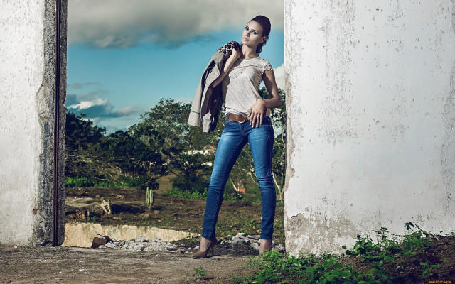 Woman doorway jacket denim outdoors free wallpaper - medium preview image
