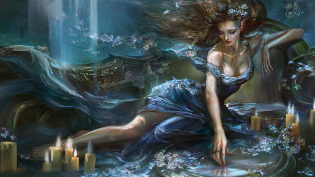 Woman blue dress candles mirror #2 free wallpaper - medium preview image