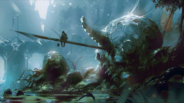 Fantasy dinosaur forest warrior bird free wallpaper - medium preview image