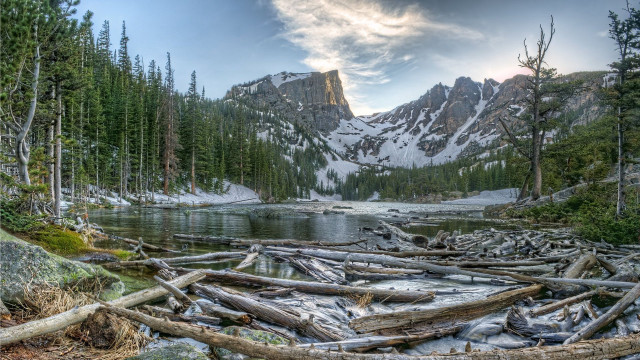 Mountain lake forest clouds rocks free wallpaper - medium preview image
