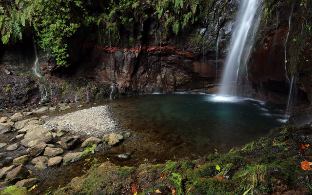 Waterfall mossy rocks forest sunbeam free wallpaper - medium preview image