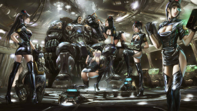 Women futuristic garb giant robot free wallpaper - medium preview image