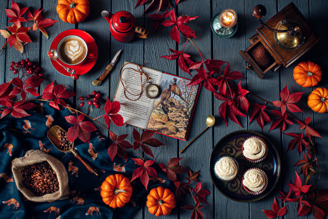 Cupcakes coffee autumn leaves lantern free wallpaper - medium preview image