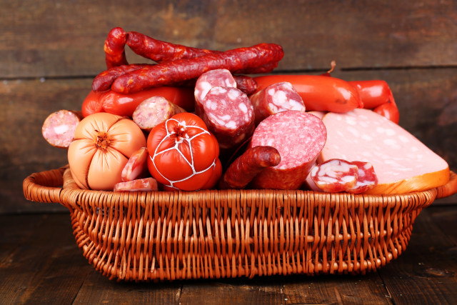 Basket sausages tomatoes wooden table free wallpaper - medium preview image