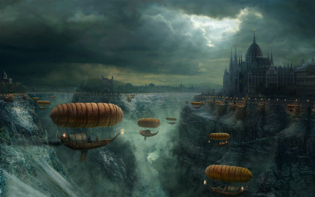 Castle hotairballoons river cityscape mattefantasy free wallpaper - medium preview image