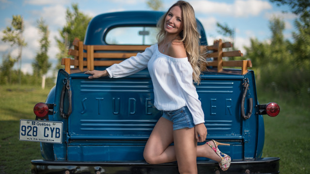 Blonde woman blue truck denim free wallpaper - medium preview image