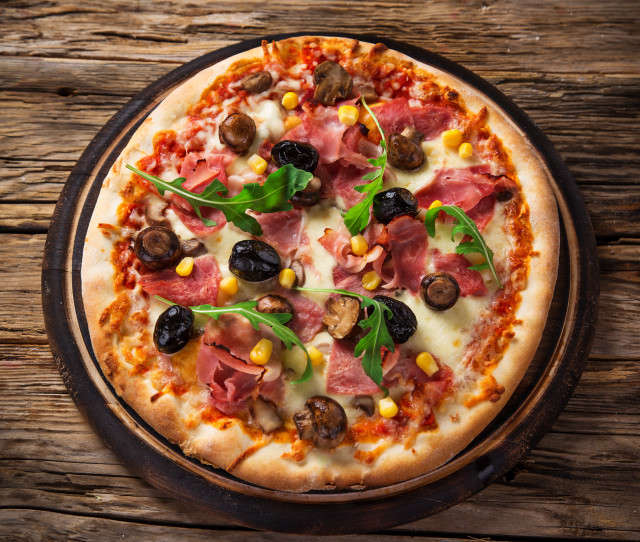 Pizza meat cheese vegetables wooden #2 free wallpaper - medium preview image