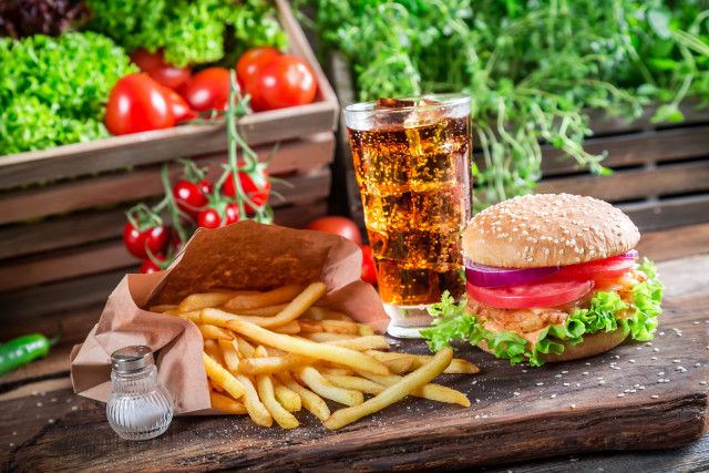 Hamburger fries drink wooden table free wallpaper - medium preview image