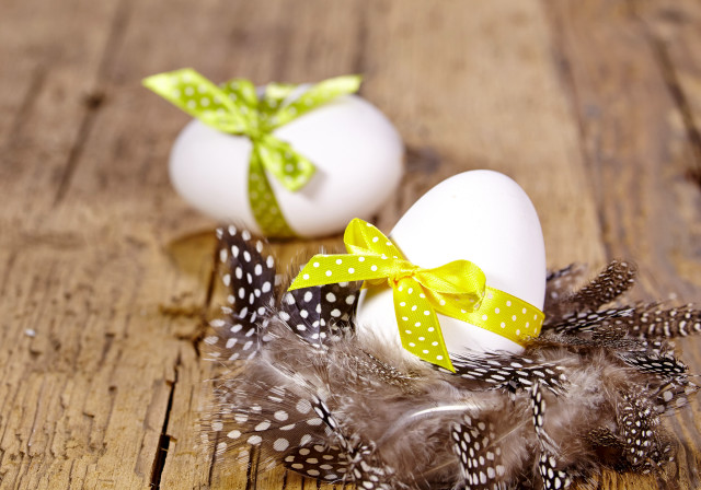 Eggs bows feathers wooden table free wallpaper - medium preview image