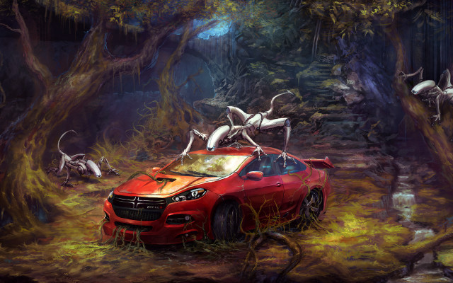 Red car wooded area birds free wallpaper - medium preview image